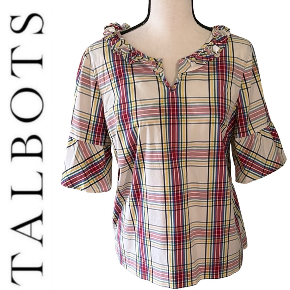 Talbots Tartan Plaid Top with Ruffle Neckline & Flutter 3/4 Sleeves Size Medium - Picture 2 of 11